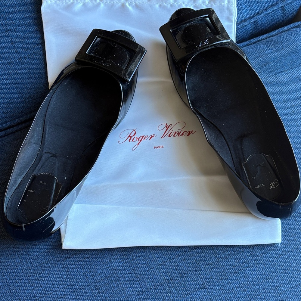 Roger Vivier Black Patent Leather Square Buckle Flats, size 7.5